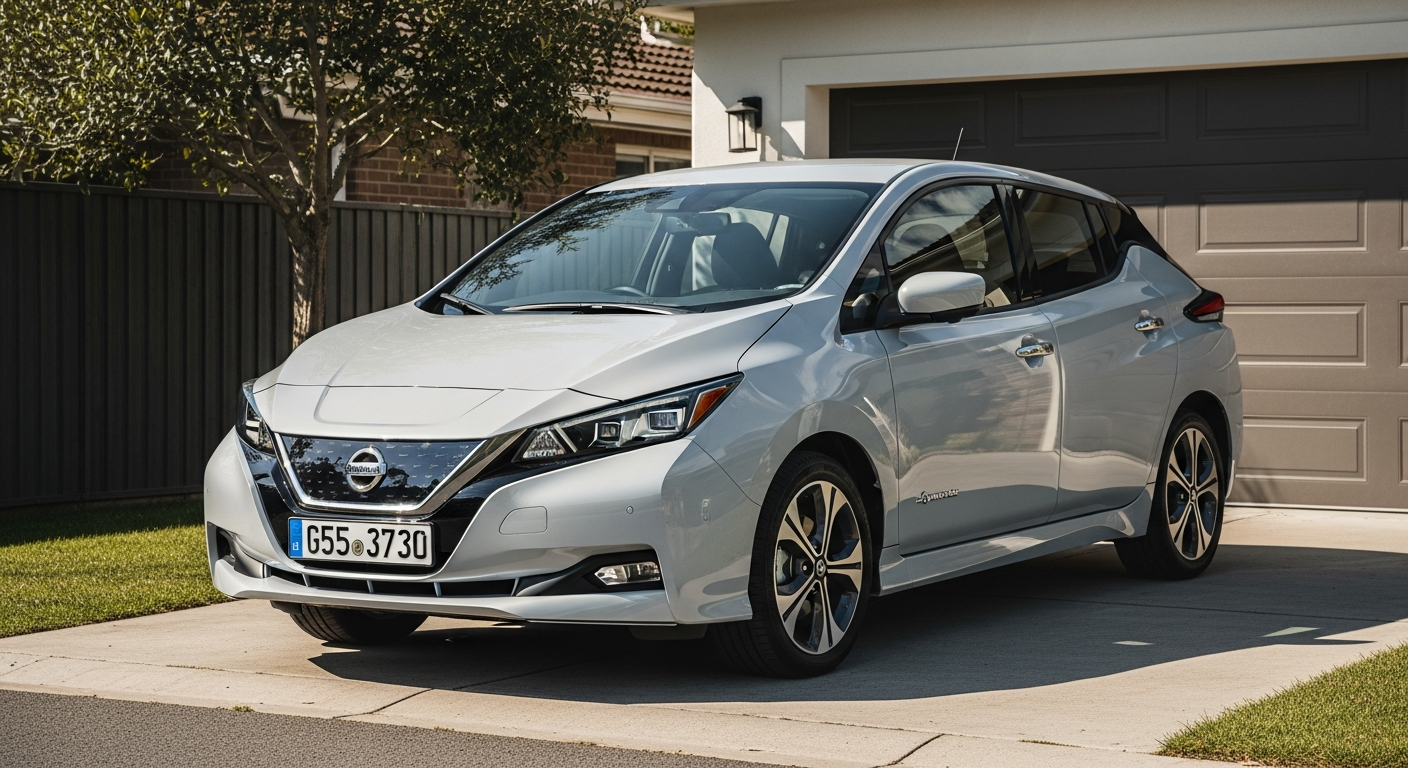 A Nissan Leaf electric vehicle parked in a suburban driveway, shown from a front-angle perspective.